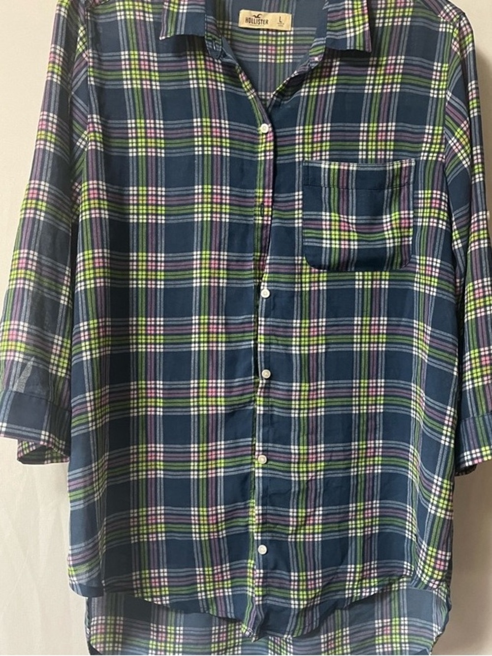 Hollister Blue Plaid Button-Up Shirt with Green and Pink Accents